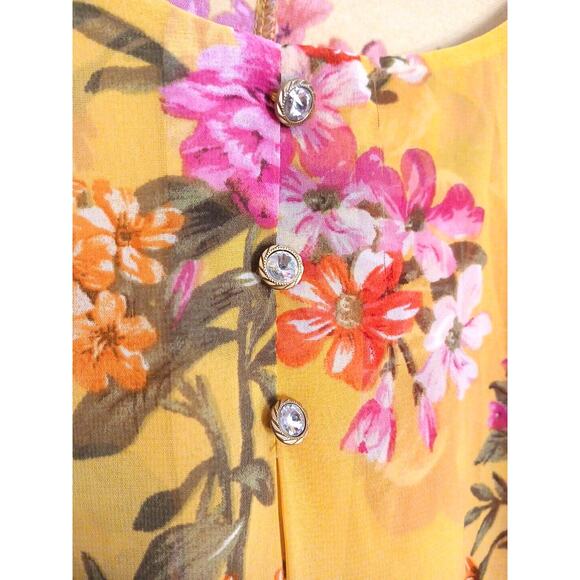 Exotic Tropical Tunic Blouse Sz L Yellow Rhinestones Floral Kimono Flowy Cottage - Picture 2 of 14